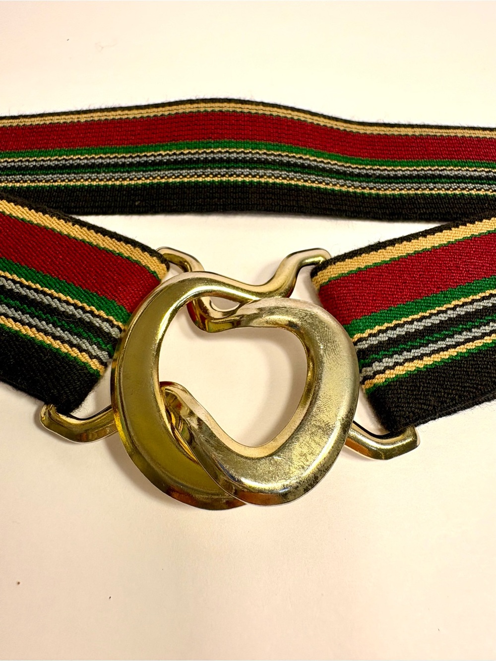 Vintage 80’s Gold Metal Buckle Stripe Elastic Waist Belt - Red/Green/Black
